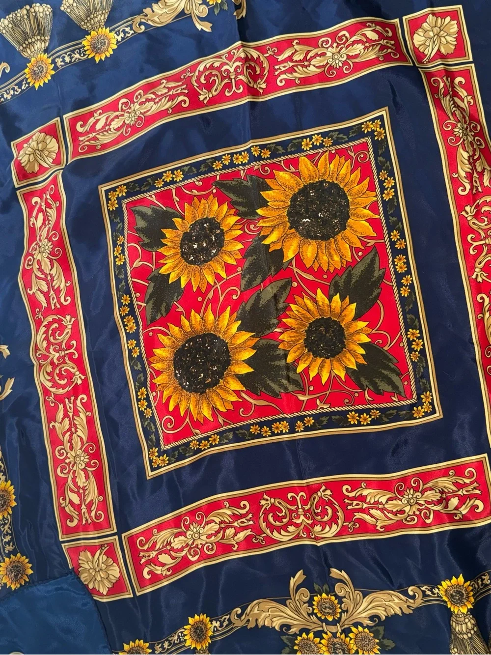 vintage Hermès silk blue,red & gold silk scarf, featuring vibrant 🌻 sunflowers.